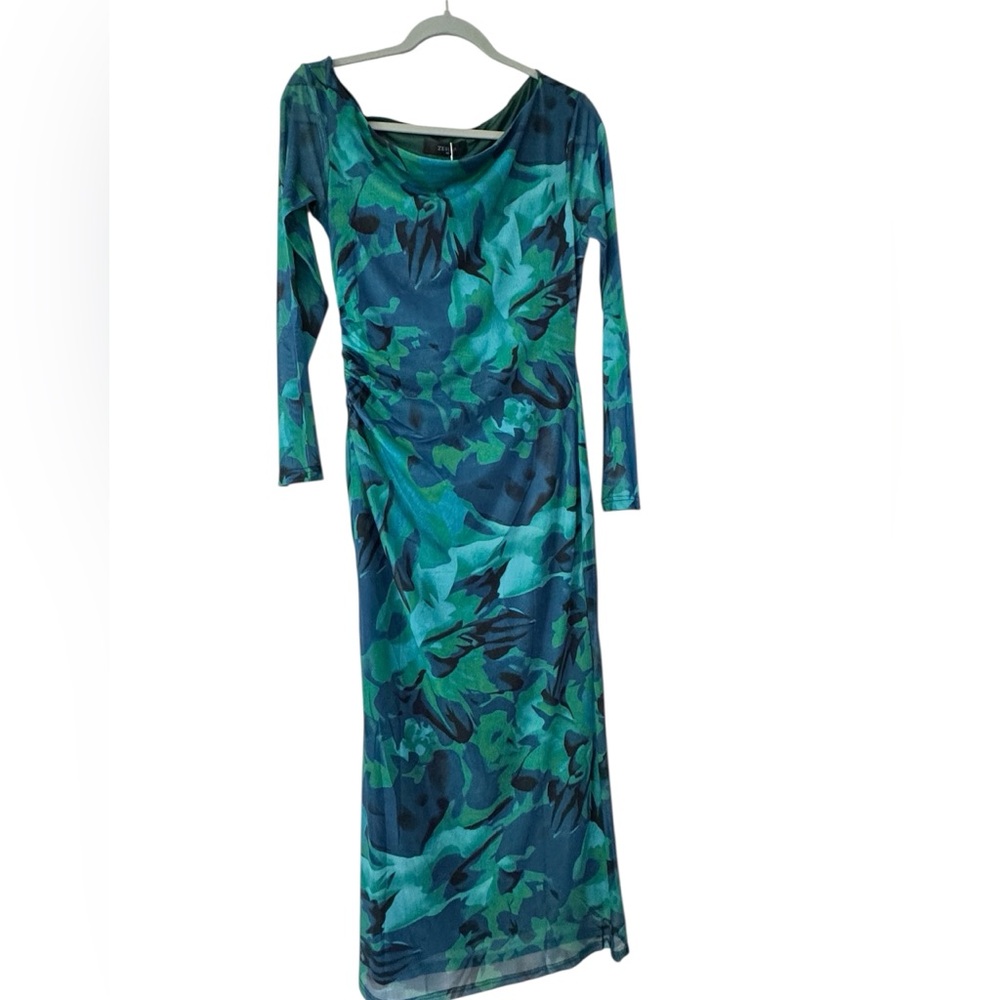 Zesica Teal & Green Abstract Print Long Sleeve Maxi Dress